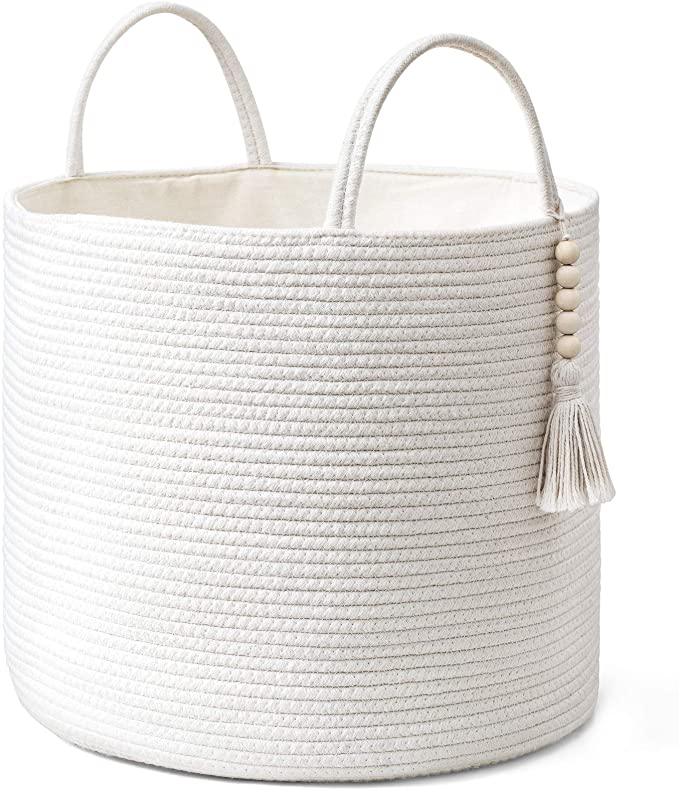 New Woven Storage Basket w/ handle | Natural Rope Wooden Bead | Organizer Bin 16" W × 13.8"L