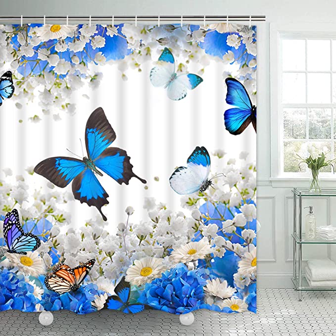 New Flower Butterfly Shower Curtain | Waterproof Fabric Bath Shower Curtain | 69" x 70"