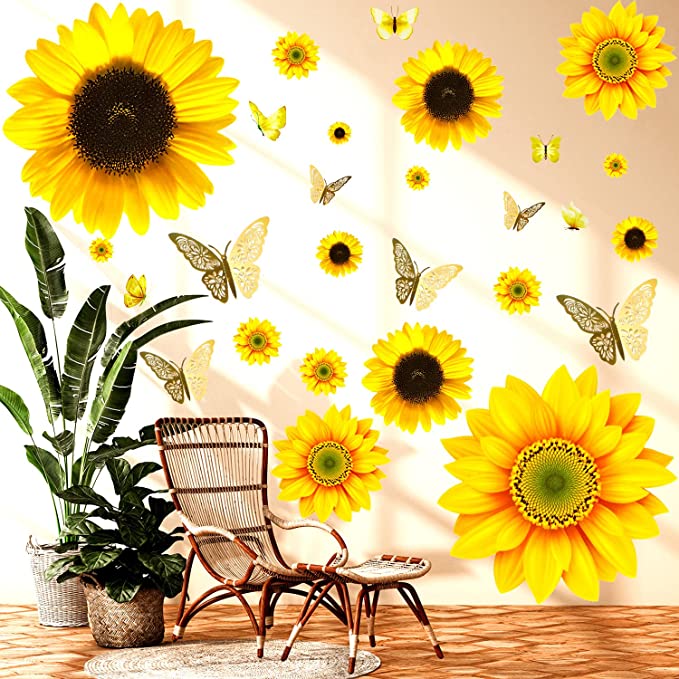 New 39 PCS Large Sunflower Decals | 3D Butterfly Wall Sticker Sunflower Decor