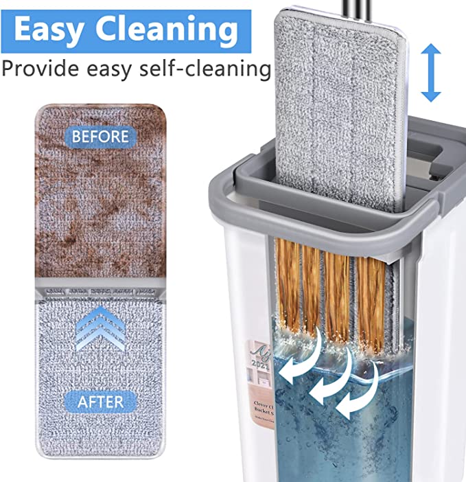 New Flat Mop & Bucket Floor Cleaning System | 8 Microfiber Refills Hands-Free Wringing Mop