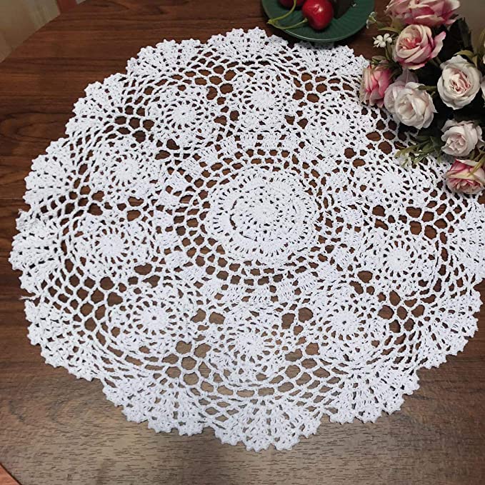 Damanni White Cotton Handmade Crochet Lace Tablecloth Doilies Table Overlay,Round,16 Inch,2PCS