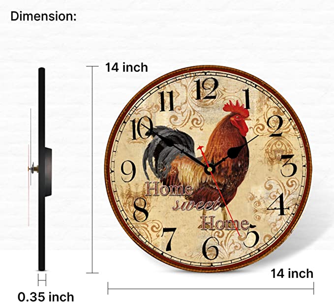 New 14" Rustic Rooster Wall Clock | Farmhouse Wall Clocks Decoration