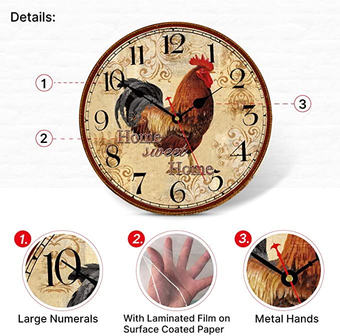 New 14" Rustic Rooster Wall Clock | Farmhouse Wall Clocks Decoration