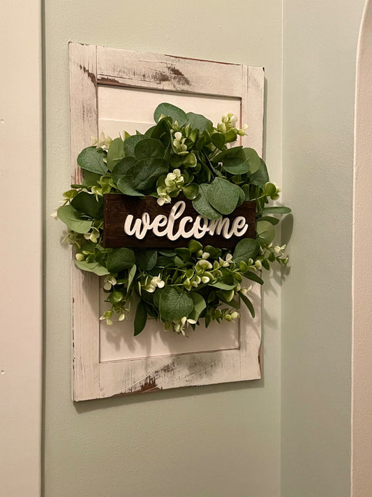 New 13" Porch Decor Welcome Sign | Wood Hanging Sign with Artificial Eucalyptus