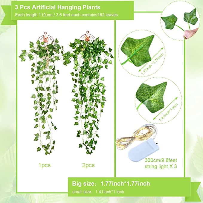 New 3 PCS Artificial Hanging Plants | 3.3ft Fake Ivy Vine Leaves Hanging Plants