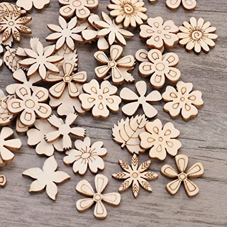 New 100PCS Wood Discs Slices Flower Shape | Wooden Cutouts Craft DIY Decoration