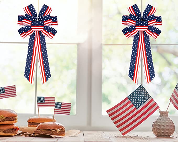 New 2 PCS 4th of July American Flag Wreath Bow | Independence Day Party Door Wall Decoration