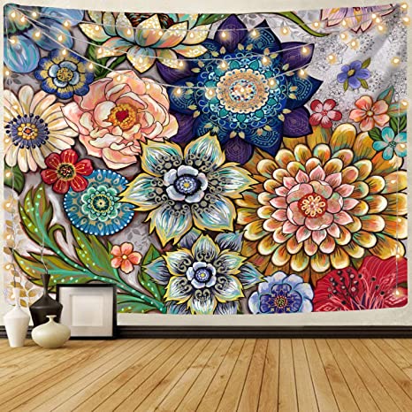 New  50" × 60" Colorful Floral Tapestry | Bright Boho Fabric Blossom Tapestries