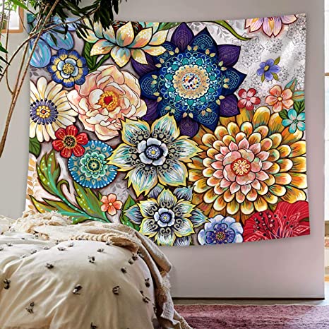 New  50" × 60" Colorful Floral Tapestry | Bright Boho Fabric Blossom Tapestries