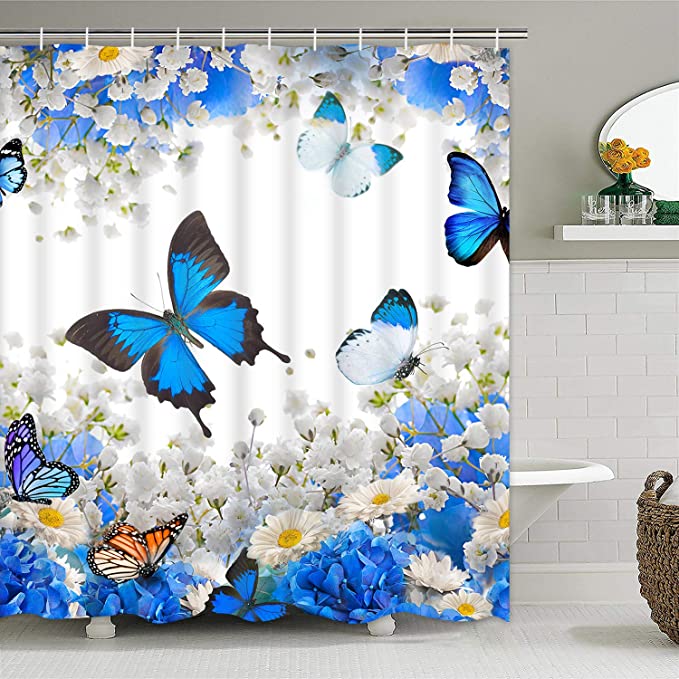 New Flower Butterfly Shower Curtain | Waterproof Fabric Bath Shower Curtain | 69" x 70"