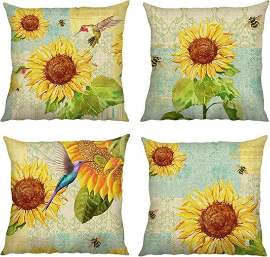 New 4 PCS 18" x 18" Sunflower Throw Pillow Covers | Vintage Yellow Floral Decorative Pillow Cases