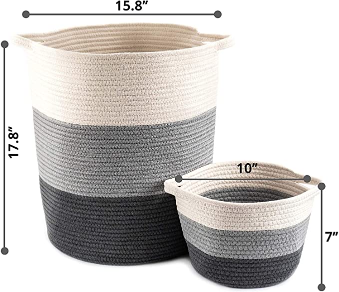 New 2PC 18" x 16" Large Cotton Rope Basket | Woven Storage Basket