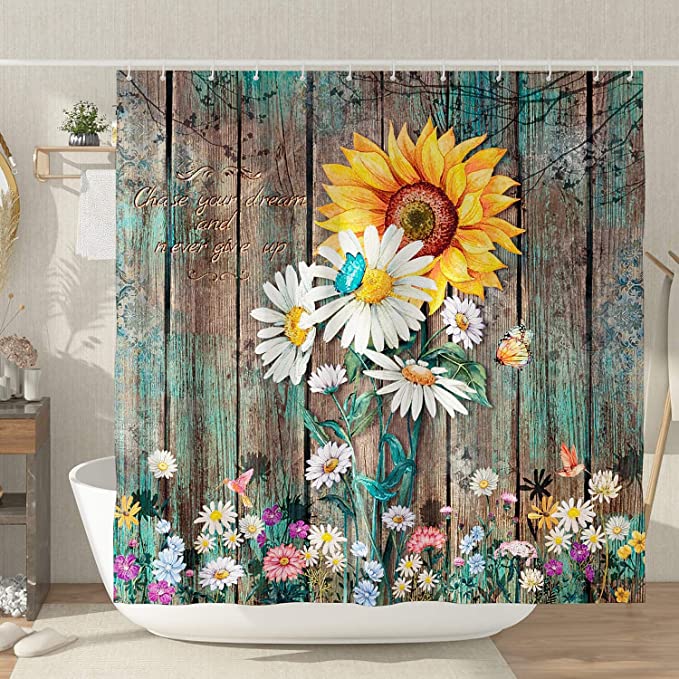 DESIHOM Rustic Sunflower Shower Curtain Farmhouse Country Daisy Shower Curtain Barn Wood Shower ...