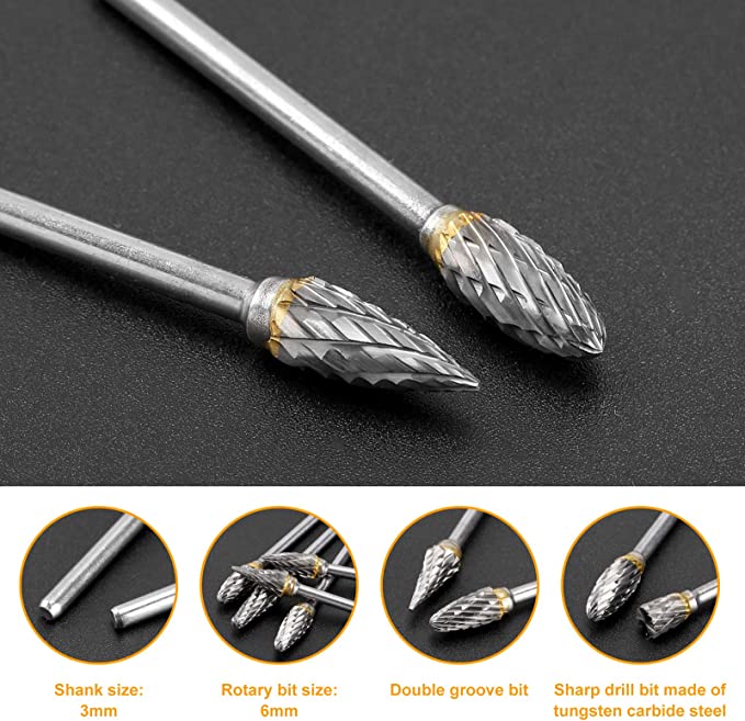 TianTac Tungsten Carbide Rotary Burr Set 10pcs, Carving Burr Bits, with 3mm Shank 6mm Bit for Wo...