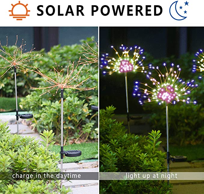 New 2 PCS Solar LED Firework Light | Outdoor Garden DIY Landscape | Multi-color