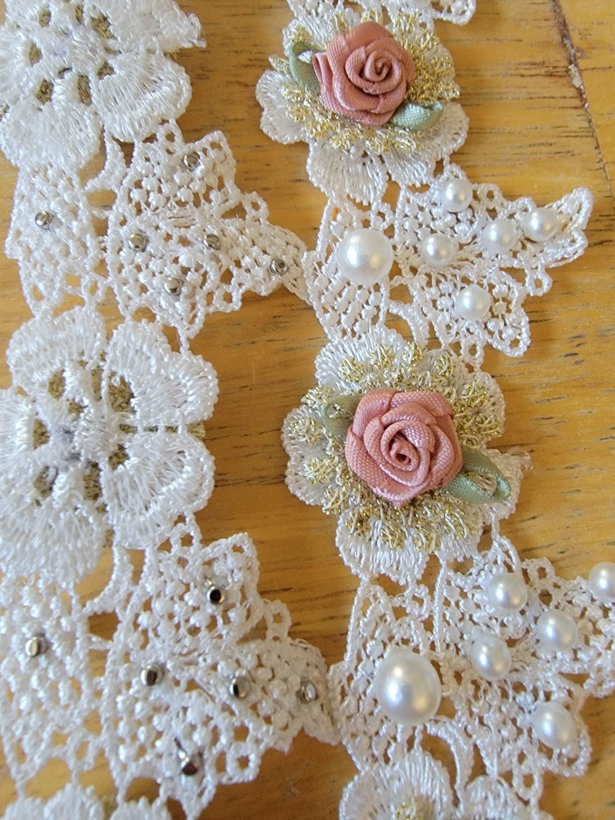 New 1 Yard Vintage Gold Pearl Rose Flowers Embroidered Lace Trim | Sewing Supplies Craft