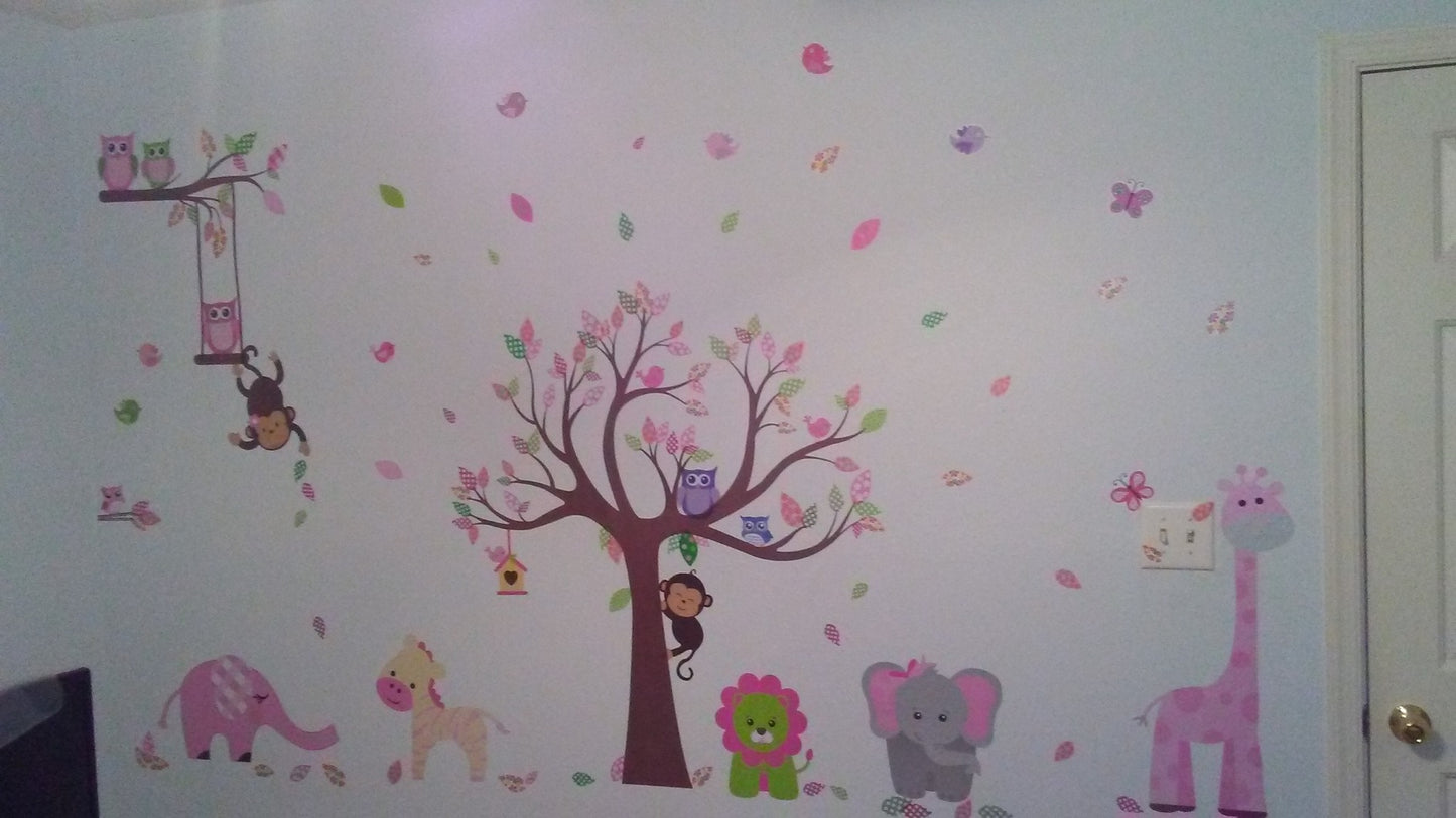 New ungle Theme Peel & Stick Girl Nursery Wall Decal | Owl Giraffe Lion Tree Decorative Sticker