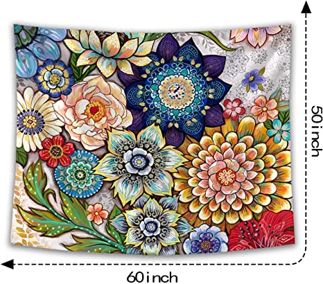 New  50" × 60" Colorful Floral Tapestry | Bright Boho Fabric Blossom Tapestries