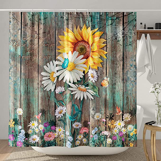 DESIHOM Rustic Sunflower Shower Curtain Farmhouse Country Daisy Shower Curtain Barn Wood Shower ...