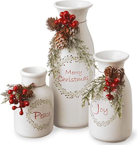 New 3PCS Set Artificial Christmas Flocked with Mixed Decorations Ceramic White Bottles