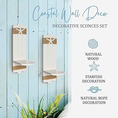 New Starfish Wall Candle Sconces | Farmhouse Seashell Candle Holders | Set of 2