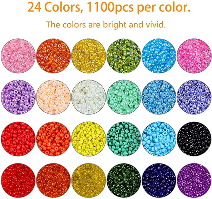 New 26400 PCS 2mm Glass Seed Beads 24 Colors Small Beads Kit w/ Storage Box