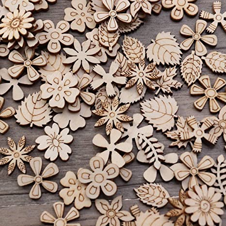 New 100PCS Wood Discs Slices Flower Shape | Wooden Cutouts Craft DIY Decoration