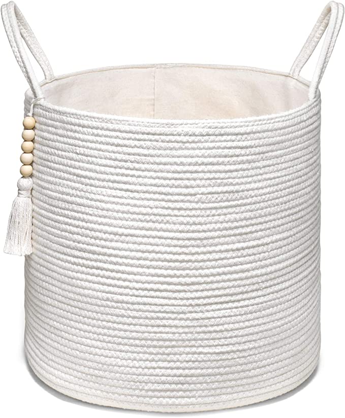 New Woven Storage Basket w/ handle | Natural Rope Wooden Bead | Organizer Bin 16" W × 13.8"L