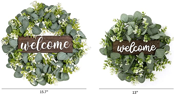 New 13" Porch Decor Welcome Sign | Wood Hanging Sign with Artificial Eucalyptus