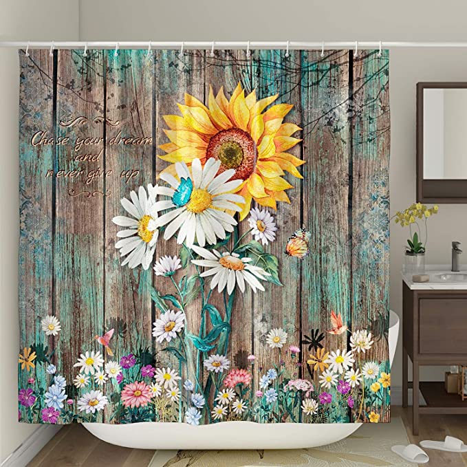 DESIHOM Rustic Sunflower Shower Curtain Farmhouse Country Daisy Shower Curtain Barn Wood Shower ...