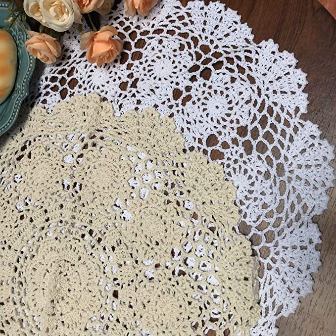 Damanni White Cotton Handmade Crochet Lace Tablecloth Doilies Table Overlay,Round,16 Inch,2PCS