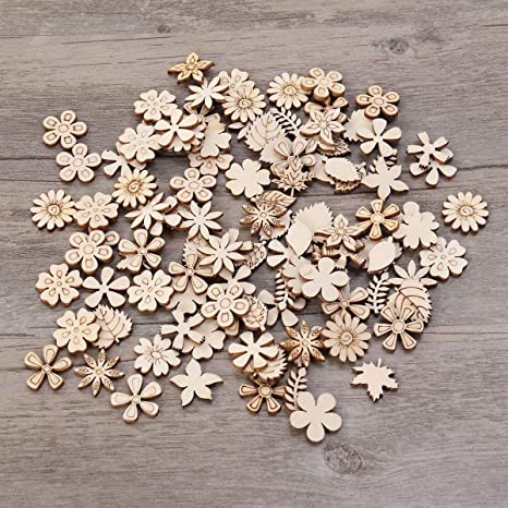 New 100PCS Wood Discs Slices Flower Shape | Wooden Cutouts Craft DIY Decoration