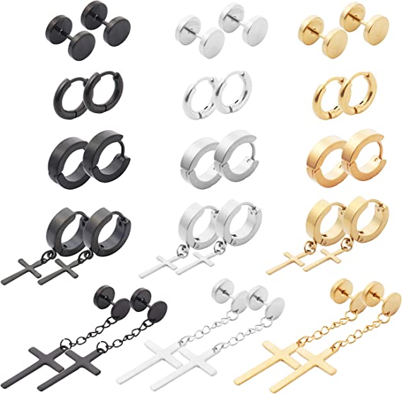 New 15 Pairs Stainless Steel Stud Earrings | Unisex Punk Earrings Hoop Mens Earrings