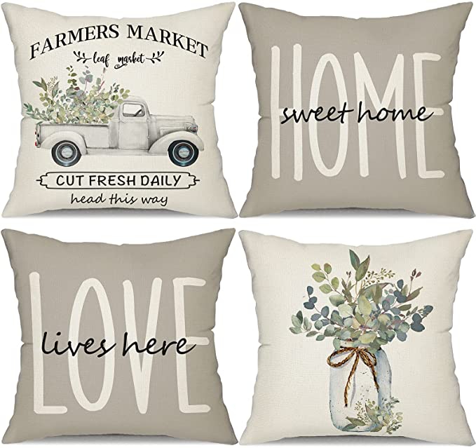 Farmhouse Pillow Covers 18x18 Set of 4,Eucalyptus Leaves Decorations Truck Vase Home Sweet Home ...