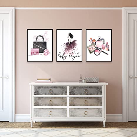 New Women Wall Art Posters 9 PCS | Pink Perfume Handbags High Heels Wall Decor |