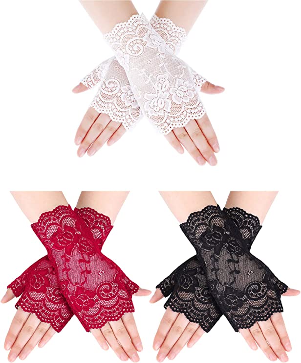 New 3 Pairs Bridal Wedding Gloves | Fingerless Lace Gloves Wrist Length Flower Lace Gloves