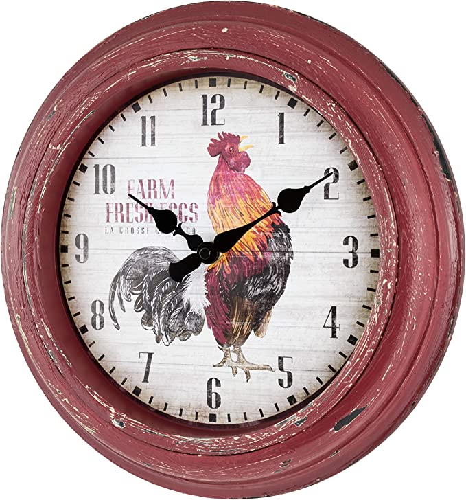 New 12" Distressed Red Rooster Quartz Wall Clock