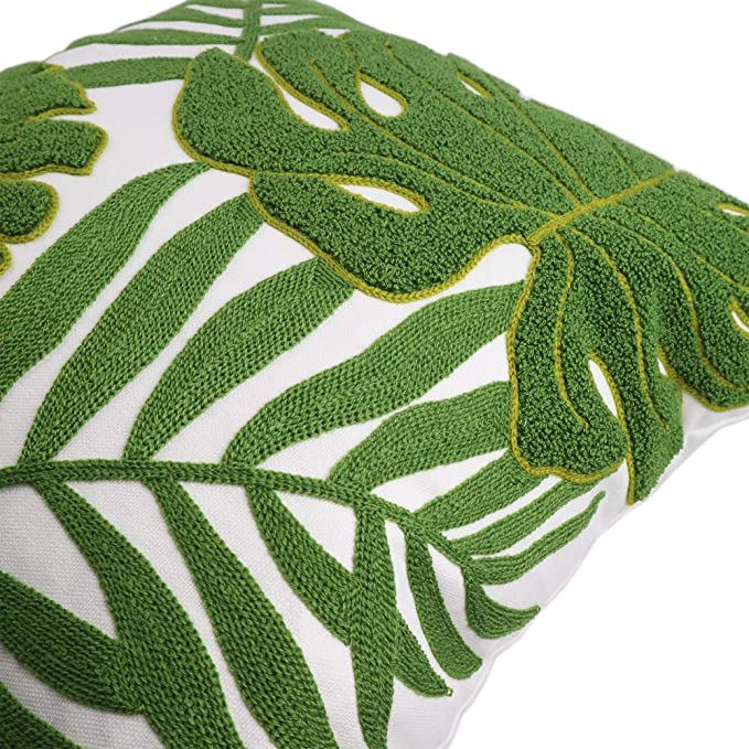 New 18" x 18" Decorative Throw Pillow Covers | Tropical Green Leaves Embroidery Floor Pillow Cover