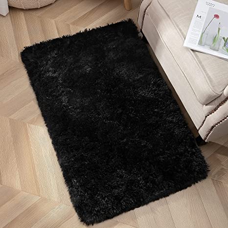 New 2ft x 3ft Throw Black Rugs | Fuzzy Shag Bedside Carpet