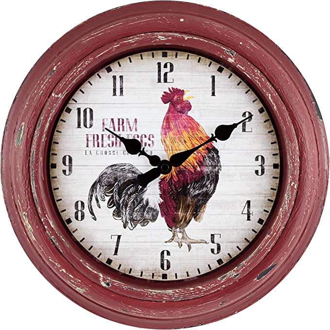 New 12" Distressed Red Rooster Quartz Wall Clock