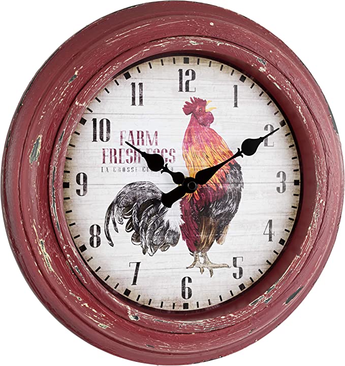 New 12" Distressed Red Rooster Quartz Wall Clock