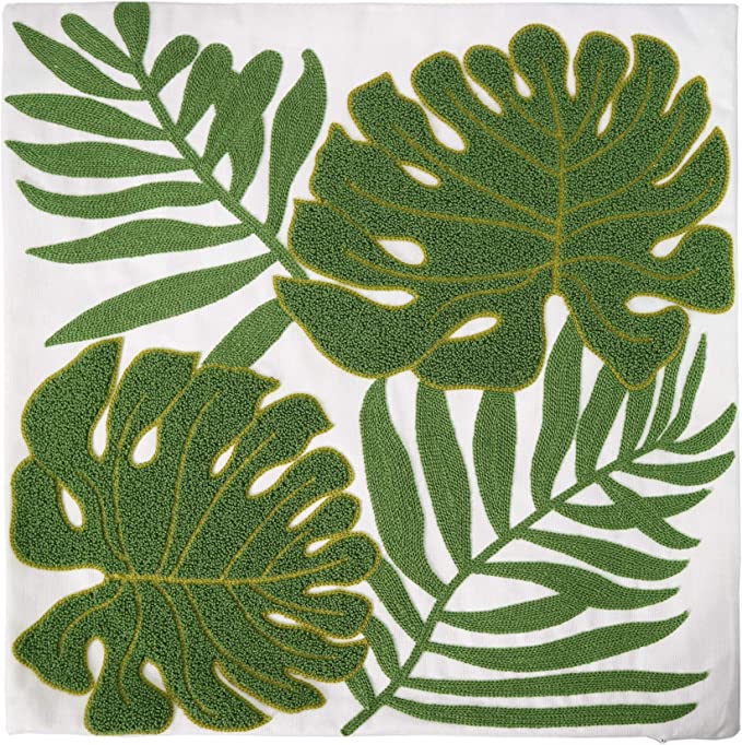 New 18" x 18" Decorative Throw Pillow Covers | Tropical Green Leaves Embroidery Floor Pillow Cover