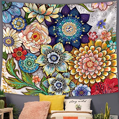 New  50" × 60" Colorful Floral Tapestry | Bright Boho Fabric Blossom Tapestries