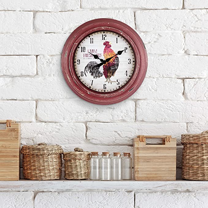 New 12" Distressed Red Rooster Quartz Wall Clock