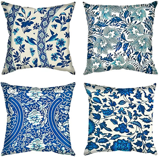 New 4 PCS 18" x 18" Blue & White Porcelain Throw Pillow Cover | Decorative Square Pillow Case