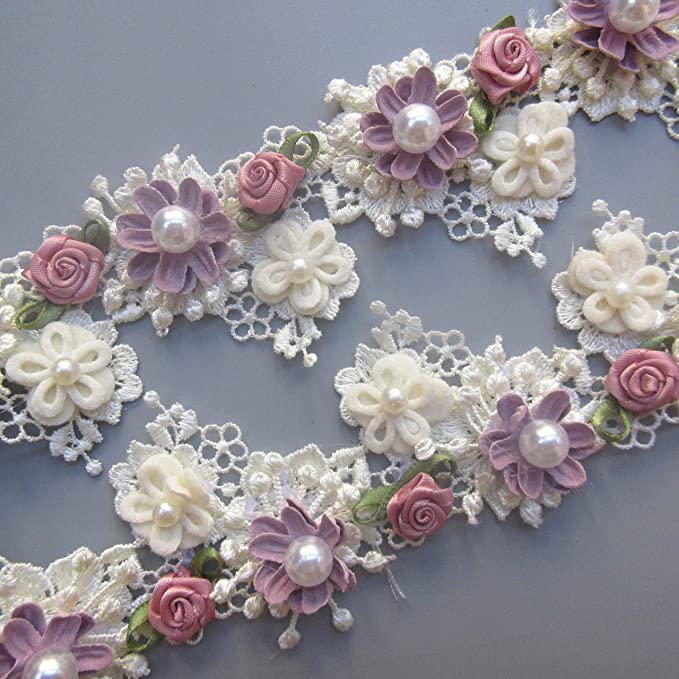 New 1 Yard Flower Pearl Beads Lace | Embroidered Applique Sewing Craft