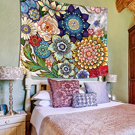 New  50" × 60" Colorful Floral Tapestry | Bright Boho Fabric Blossom Tapestries