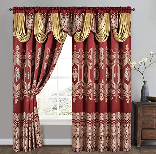 New 2PCS 54"W x 90"L Jacquard Window Curtain Panel Drap w/ Attached Fancy Valance