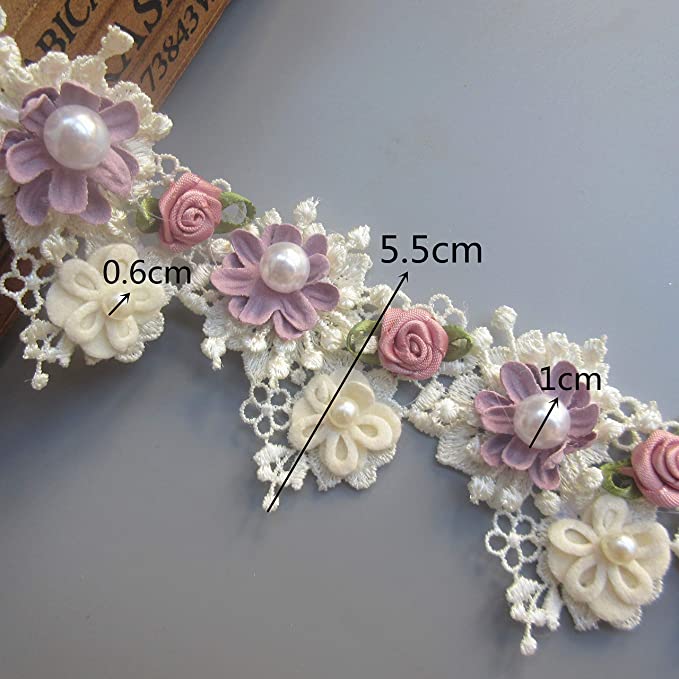 New 1 Yard Flower Pearl Beads Lace | Embroidered Applique Sewing Craft