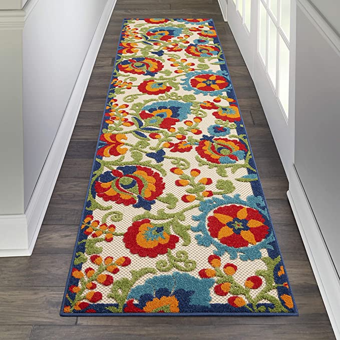 New 2'3" x 8' Indoor/Outdoor Floral Multicolor Area Rug